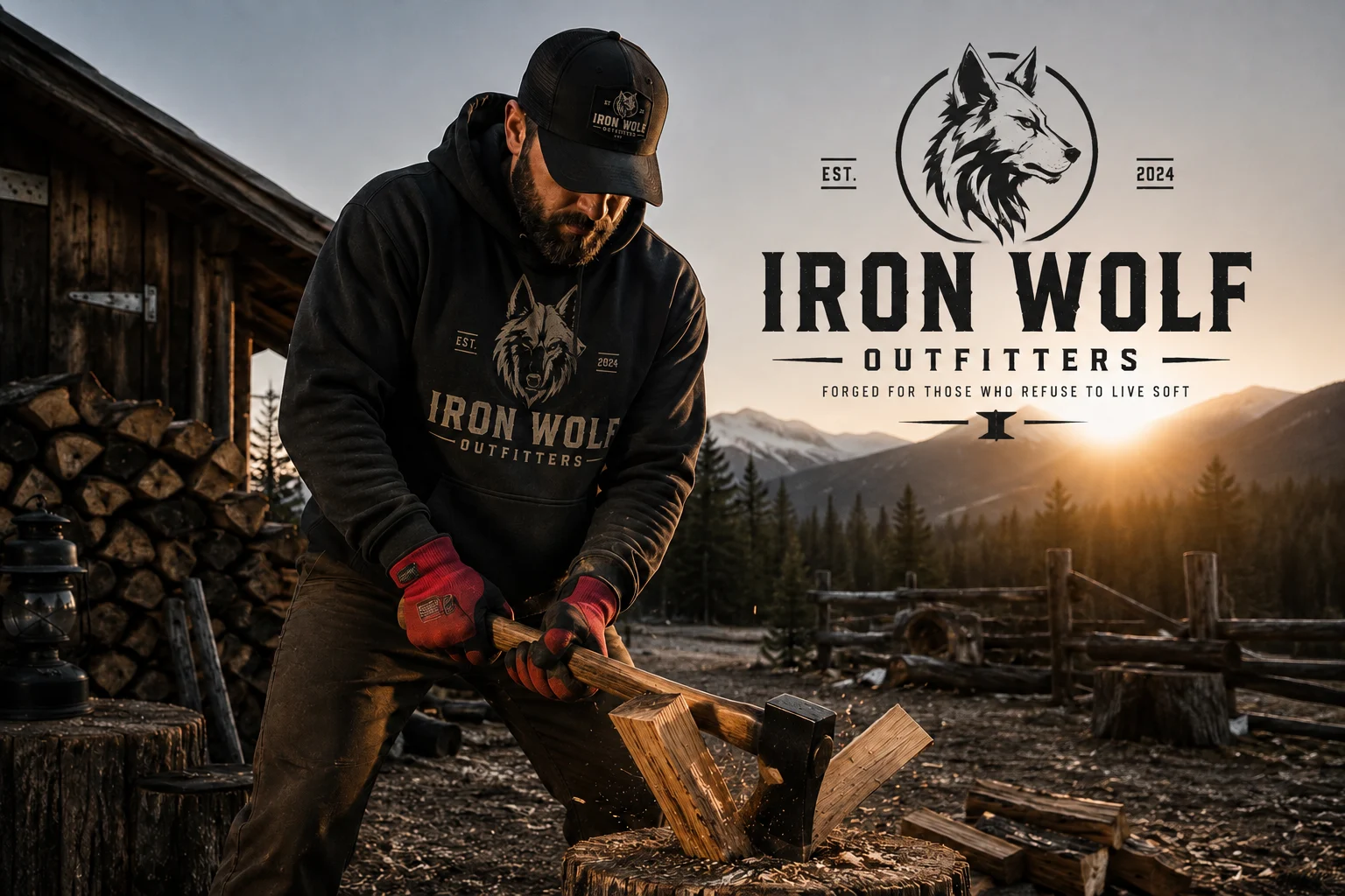 A man splitting firewood at dawn wearing Iron Wolf Outfitters apparel