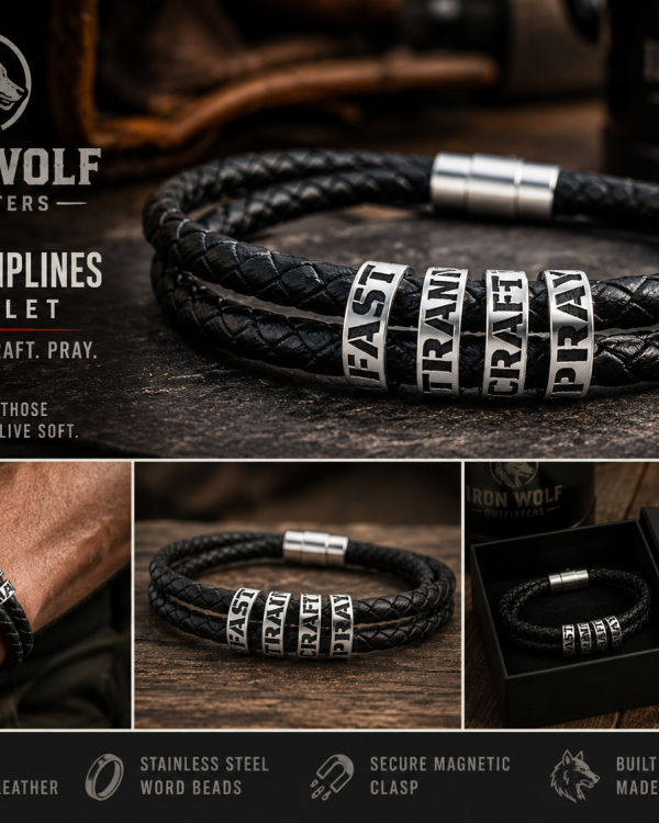 Iron Wolf Four Disciplines Bracelet — Engraved Leather Beaded